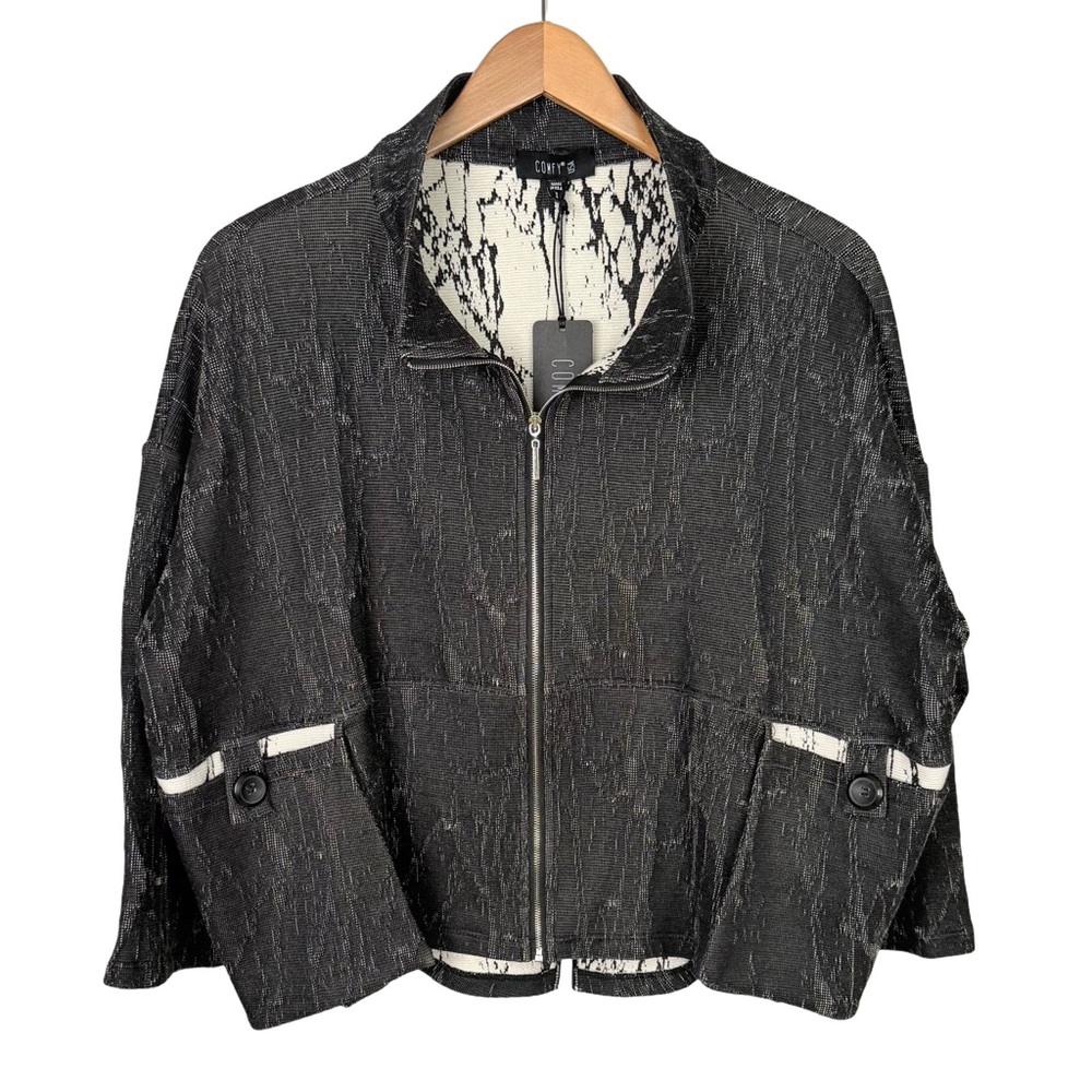 COMFY USA black and cream cropped zip up jacket Lagenlook Oversized Size S NWT